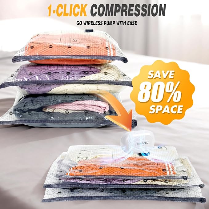 Vacuum Bags for Travel with Rechargeable Pump, 9 Pack Compression Packing Bags with 35KPA Electric Pump, 80% Space Saver for Clothes, Vacuum Seal Bags fo Carry-on Luggage Suitcase - Image 3