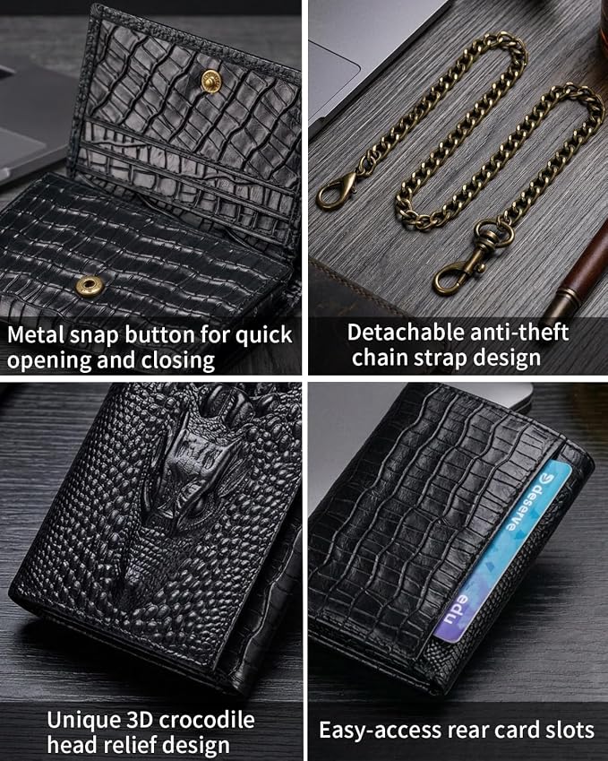 STEELLION Men's Trifold Wallet, Cowhide, 13 Card Slots, ID Window, RFID | Croc-embossed cowhide with a removable chain; practical organization for office, travel, and everyday carry (Black) - Image 7