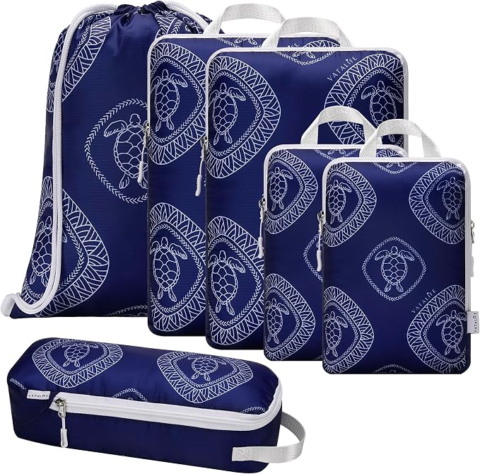 6-Set Compression Packing Cubes for Travel with Drawstring Backpack-Luggage Organizers for Suitcase-Water Resistant, Lightweight Vacation Essentials, Blue Turtle by Unknown