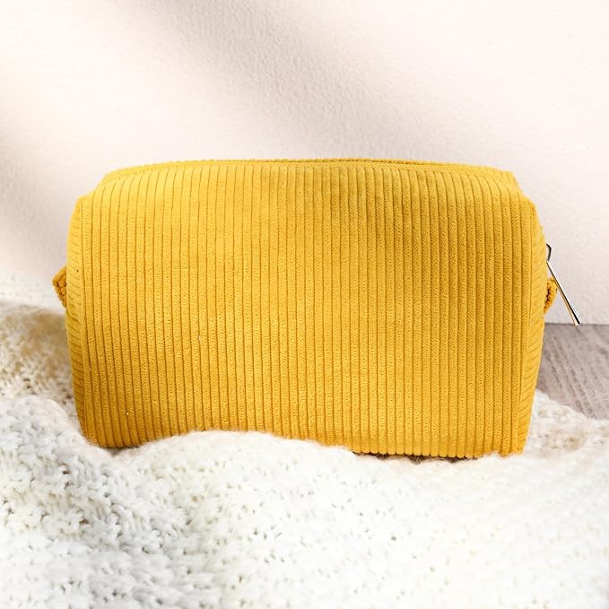 SOIDRAM 2 Pcs Corduroy Makeup Bag Large Cosmetic Bag Toiletry Bag Makeup Pouch Travel Bag Organizer Cute Makeup Brushes Aesthetic Accessories Storage Bag for Women Mustard Yellow - Image 7