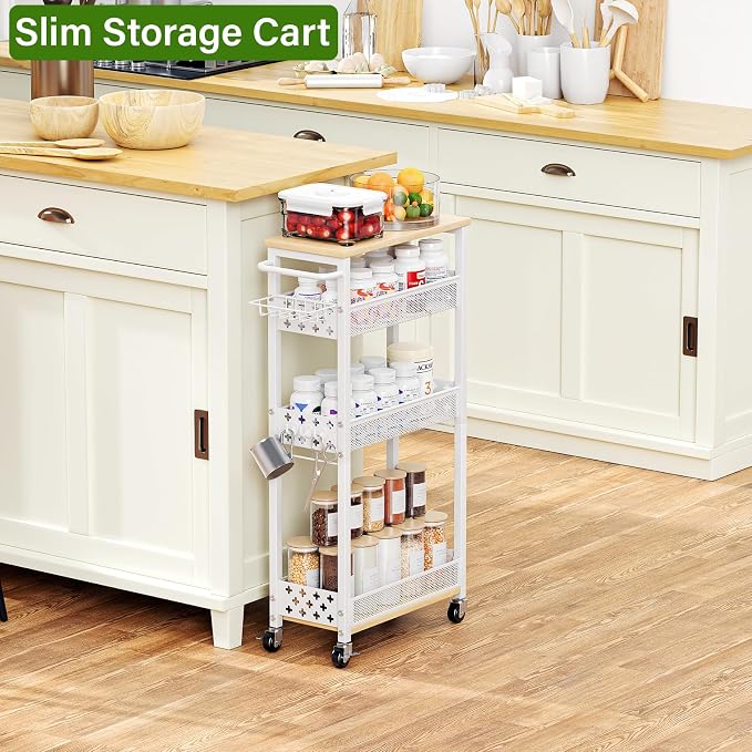 Utility Slim Storage Cart for Home Laundry Room, Bathroom, Kitchen | 4-Tier narrow rolling cart for small space, Holds tall bottles, Upgraded metal hub casters, Premium wood & metal mesh shelves - Image 8