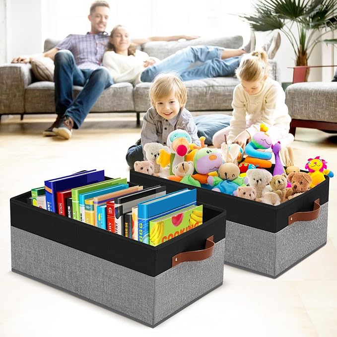3 Pack Large Capacity Storage Bins Closet Organizer for Shelves | Fabric Closet Storage Baskets Boxes with Leather Handles for Organizing Clothes, Sheets, Jeans, Toys, Books (Black and Grey) - Image 5