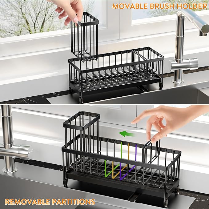 Cisily Sponge Holder for Kitchen Sink, Sink Caddy Organizer with High Brush Holder, Kitchen Countertop Organizers and Storage Essentials, Rustproof 304 Stainless Steel (Large Black, 10.62″) - Image 5