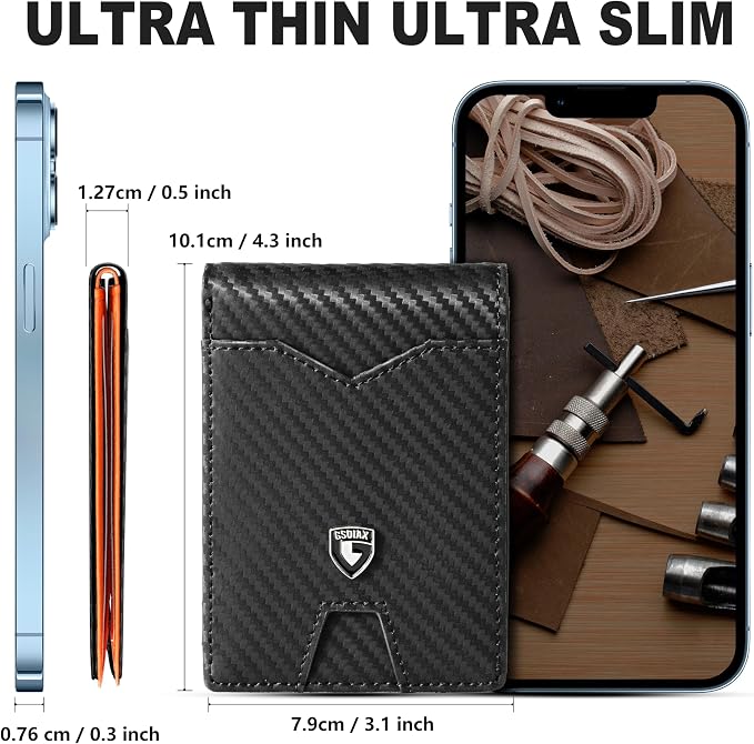 GSOIAX Slim Wallet for Men Rfid Blocking Leather Bifold Front Pocket Carbon Fiber Men's Money Clips Credit Card Holder With Gift Box - Image 6