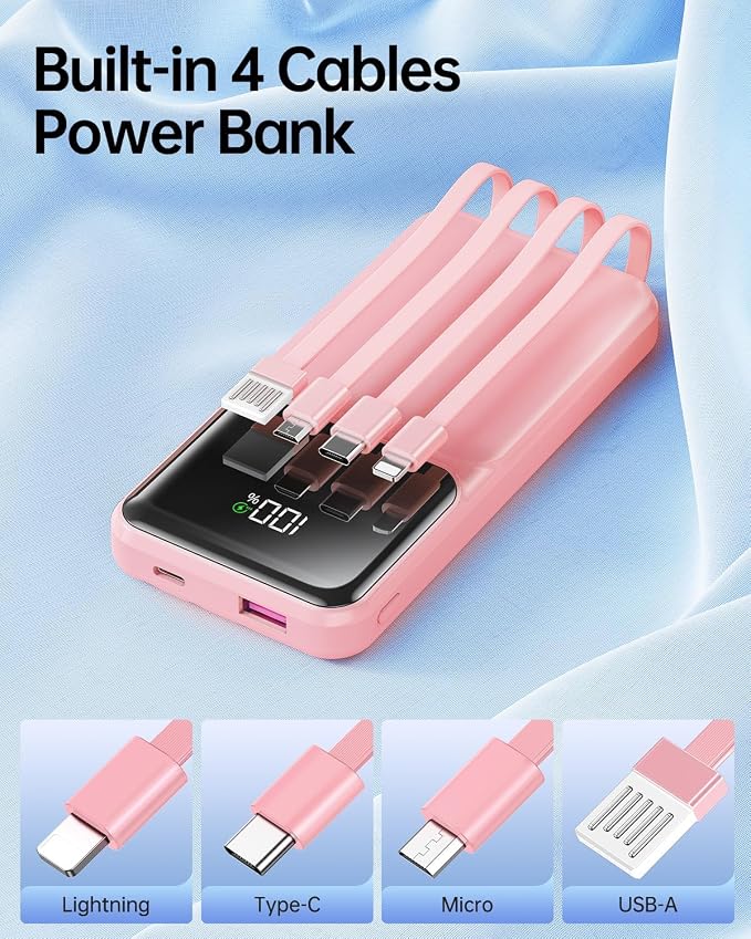 Portable Charger with Built in Cable 20000mAh Fast Charging | Power Bank USB C Slim 22.5W LED Display Battery Pack 5 Outputs & 3 Inputs for Travel Essentials iPhone Samsung Phones Pink - Image 2