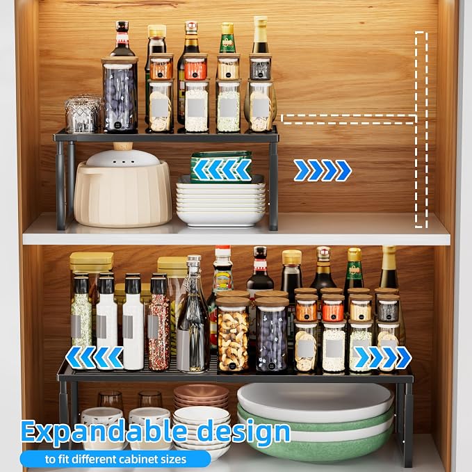 Cabinet Shelves, 4 Pack Stackable Shelves for Pantry Storage | Expandable & Height Adjustable Cabinet Organizer Shelf | Metal Shelf Organizer | Black Spice Rack for Pantry Storage - Image 9