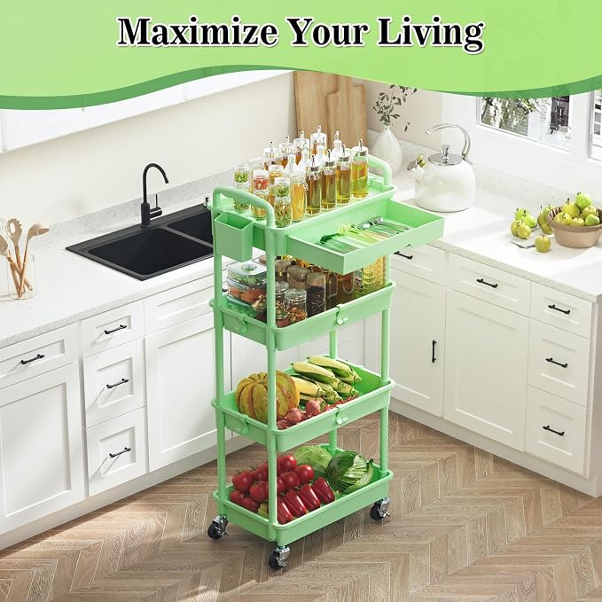 SUNALLY 4 Tier Rolling Cart with Drawer, Craft Storage Cart Organizer,Green | Bathroom Storage Organizer with 2 Lockable Wheels, Rolling Utility Cart for Kitchen, Office, Baby, Makeup, Nail,Snack,Laundry - Image 6