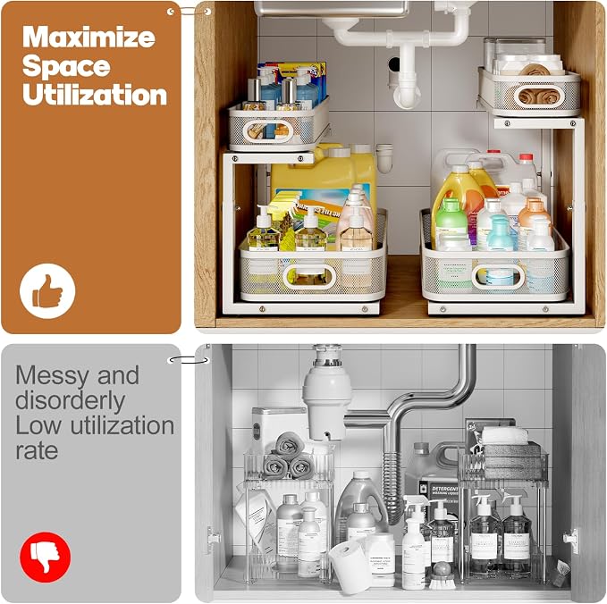 2 Pack 21.3IN-Depth Under Sink Organizer with Smooth Cylindrical Rail,2-Tier Pull Out Multi-Purpose Cabinet Storage for Bathroom&Kitchen,Height Adjustable,Rust-Resistant Coating-White - Image 5