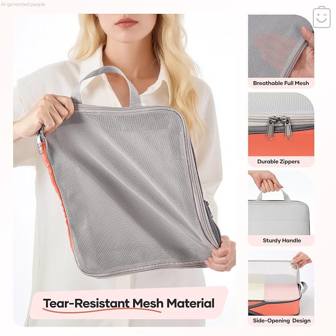 Veken 9/11 Set Compression Packing Cubes Garment Bags for Travel Essentials,Compressible Expandable Luggage Organizer Bags for Clothing,Space Saver Bags with Over 1000 pcs of Mesh Holes(Orange) - Image 5