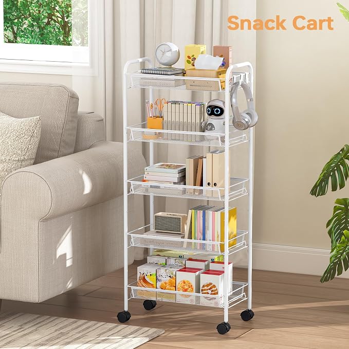 TOOLF 5 Tier Rolling Cart, Metal Utility Storage Cart with Wheels, White | 3 Hooks, Screwless Assembly, Trolley Organizer for Bathroom, Kitchen, Office, Nursery, Dorm, Laundry Room - Image 8