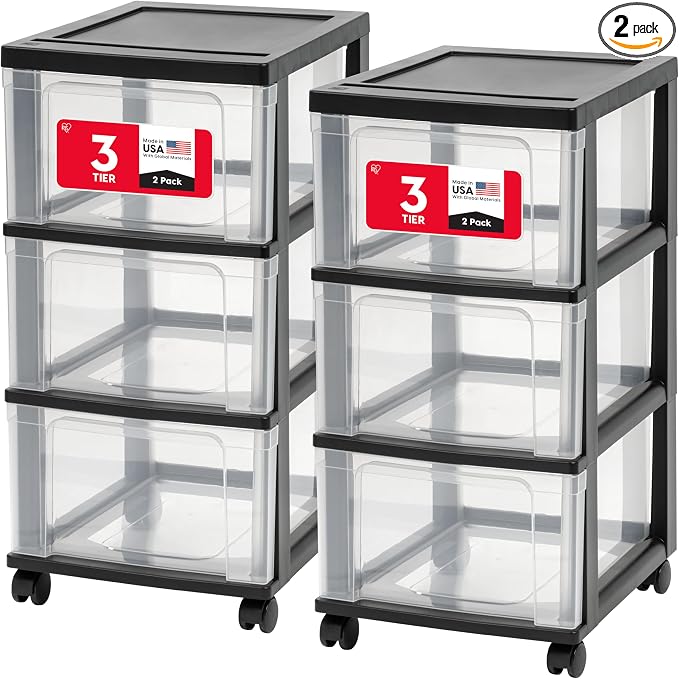 IRIS USA 3-Drawer Slim Narrow Storage Organizer Rolling Cart, Black/Clear | Organize crafts, school supplies, accessories, and household items with slim storage and easy-access drawers by IRISUSA