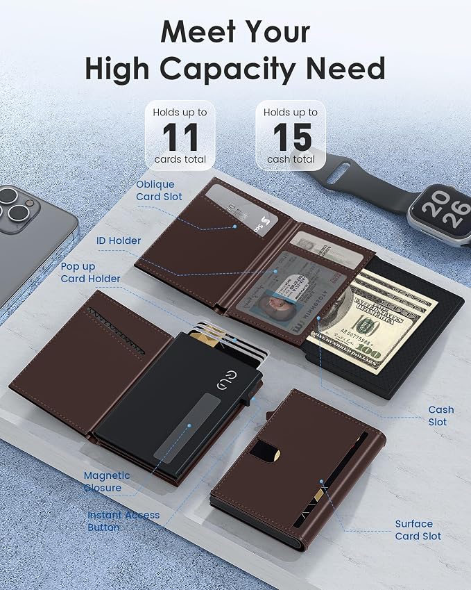 QLD RFID Wallet for Men - Smart Pop up Card Holder - Trifold, Slim, Minimalist Wallet for Front Pocket, 9-11 Cards Capacity | ID Window | Cash Slot | Magnetic Closure - Image 2