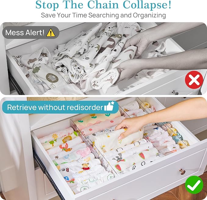 Vtopmart 4" High Drawer Dividers for Clothes, 13"-22" Adjustable, 4 pack | Expandable Dresser Drawer Organizer, Clear Plastic Separators for Dresser, Baby Clothing, Underwear, Cosmetic, Toiletries - Image 7