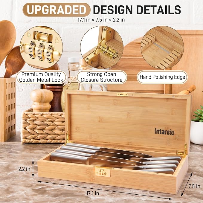 Upgraded Lockable Large Bamboo Knife Storage Box with Magnetic Removable Knife Blocks for Easy, Quick and Safe Culinary Tools Storage, Keyless Kitchen Combination Lock Box, Great Kitchen Gifts - Image 2