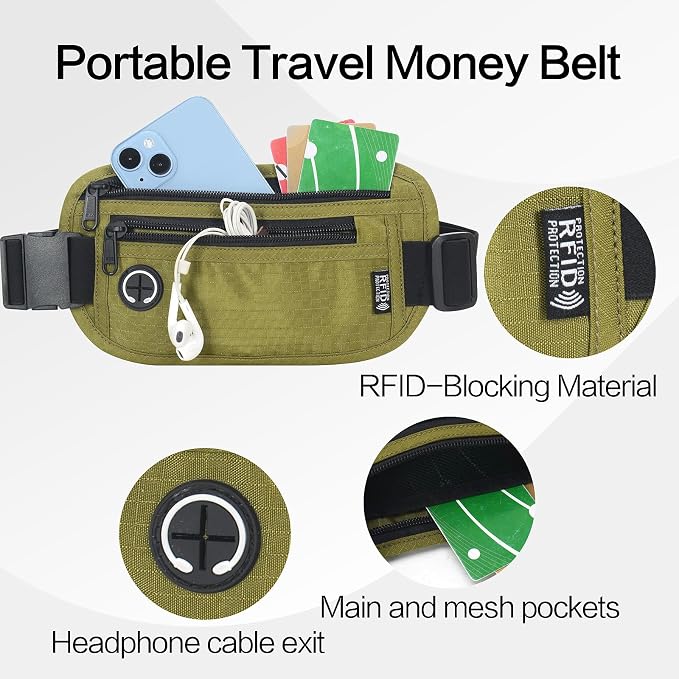 Slim Money Belt for Travel - Anti-Theft Hidden Passport Holder Waist Wallet with Secure Pouch for Cash, Credit Cards & Phone Safe (Small Olive-Green) - Image 3