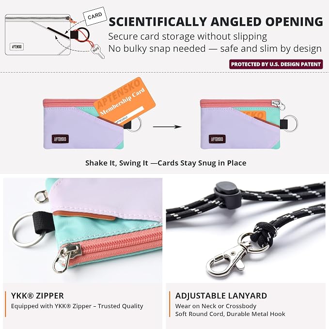 RFID Blocking Travel Wallet with Adjustable Lanyard, Small Nylon Zipper Pouch and Badge Holder for ID, Credit Cards, Cash, Keys, Commuters (SoftLilac+MintAqua) - Image 5