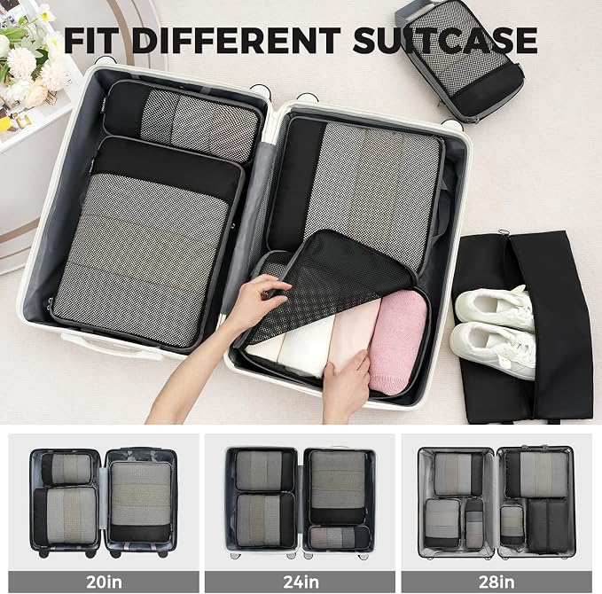 BAGAIL 4 Set/6 Set/8 Set Compression Packing Cubes Travel Accessories Expandable Packing Organizers (Half Mesh, 6-Black) - Image 7