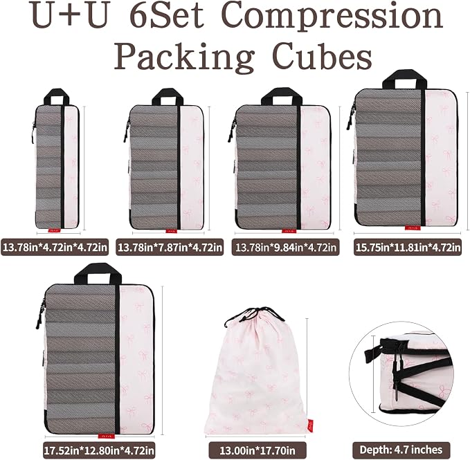 U+U 6 Set Compression Packing Cubes, Travel Organizers (Pink Bow) | Space-Saving & Drawstring Bag Included - Image 3
