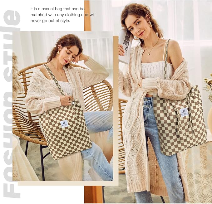 LHMTQVK Corduroy Tote Bags for Women, Large Capacity Tote Purse Reusable Grocery Shoulder Bag with Inner Pockets - Image 6