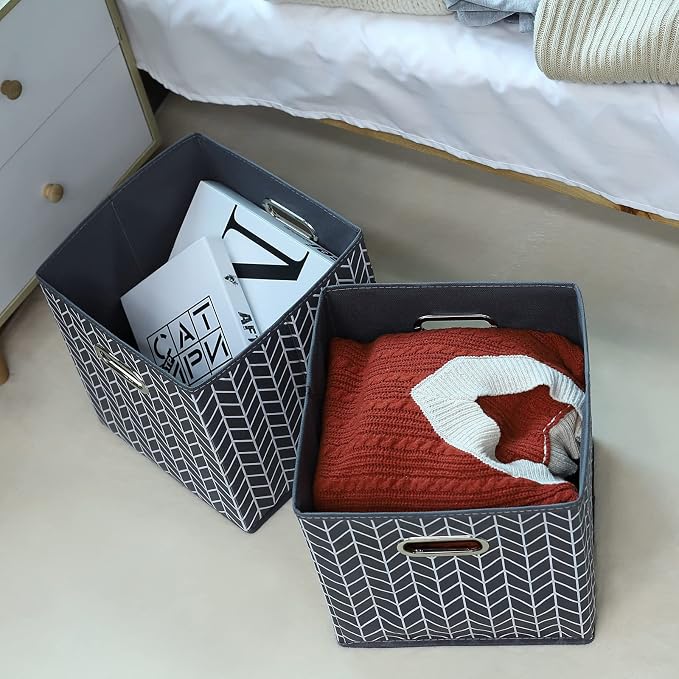 11 Inch Cube Storage Bins , Fabric Cube Organizer Bins with Handle, Foldable Cube Bins for Cloth or Accessary Storage, 11x11x11 Set of 3 (Gray Wave) - Image 3