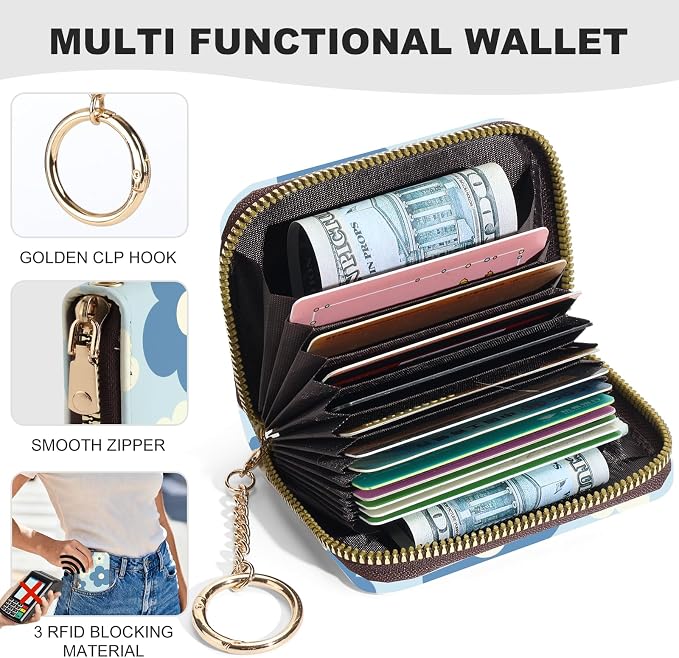 Credit Card Holder for Women,Small Rfid Wallet with Keychain Zipper,Cute PU Leather Card Case Wallet，Accordion Credit Card Wallets Gift,Blue and White Flowers - Image 2