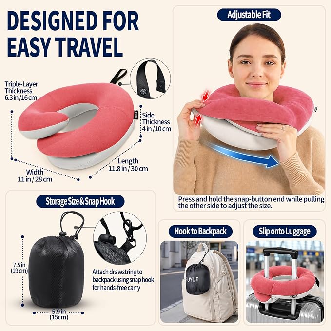 Travel Neck Pillows for Airplanes, Memory Foam 360° Head Support Sleep for Long Flight, Skin-Friendly & Breathable, Kit with Eye Mask, Earplugs and Storage Bag (Adult, Pink, 90+ lbs) - Image 5