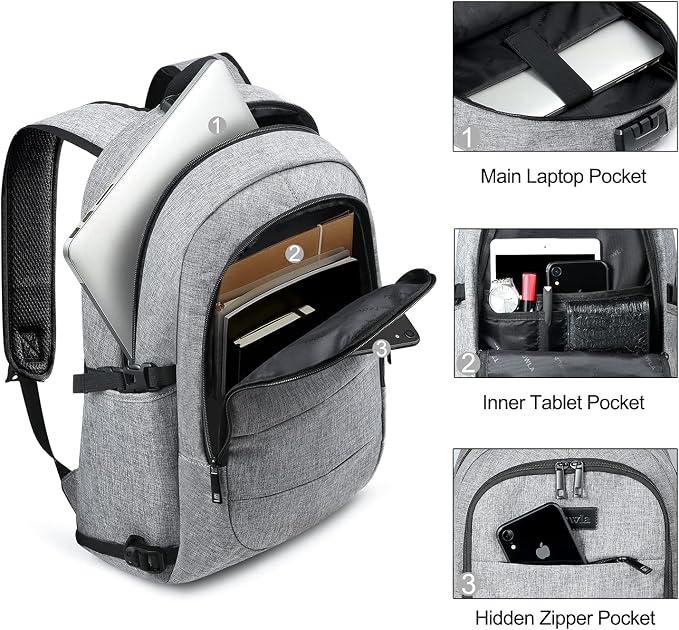 Tzowla Travel Laptop Backpack Water Resistant Anti-Theft Bag with Giant Tumbler Holder Pocket and Lock 15.6 Inch Computer Business Backpacks for Women Men Work College Gift,Casual Daypack(Grey) - Image 3