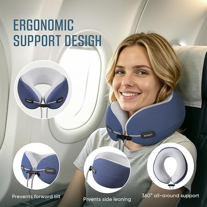 SKYTRAX COMF® Premium Ergonomic Memory Foam Travel Neck Pillow, Washable Cooling Ice Silk Cover, Firm Neck Support for Airplane Long Flights & Pain Relief, with Portable Carry Case (Navy Blue) - Image 4