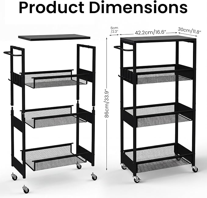 Rolling Utility Cart, 4 Tier Metal Storage Cart with Handle and Wood Top, Multifunctional Mobile Shelf Unit Organizer Trolley for Laundry, Bathroom, Kitchen - Image 7