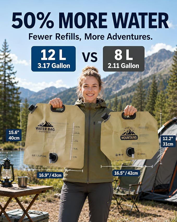 3.17 Gallon/12L Collapsible Water Container with Spigot, Foldable Water Storage Bag for Camping, RV, Emergency Preparedness & Outdoor Cooking - Image 2