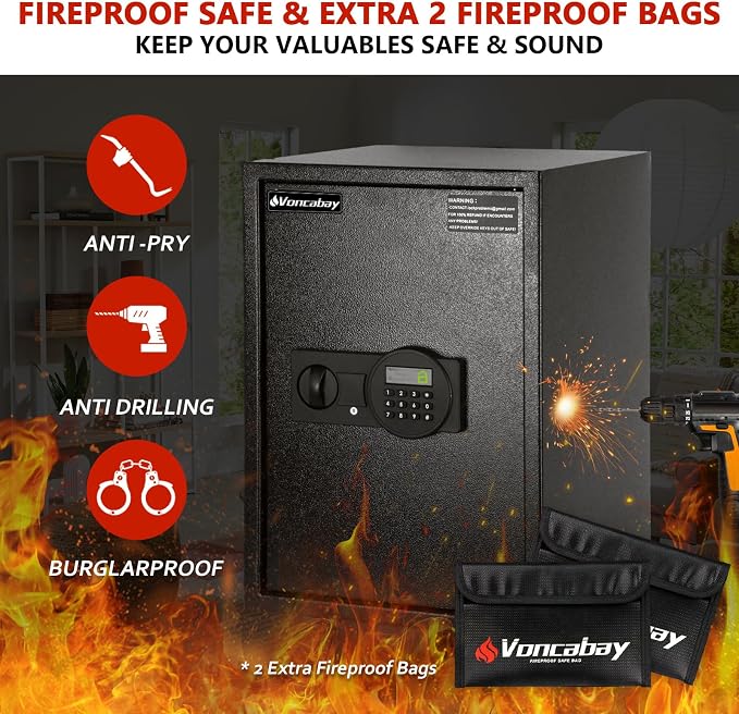 Voncabay Money Safe Box for Home with Digital Keypad, 2.2 Cu. Ft., Black | Alloy Steel, 2 Fireproof Bags, Digital Keypad with Display, Removable Shelf, Fits A4, 13.1 x 19.7 x 13.8 In. - Image 2