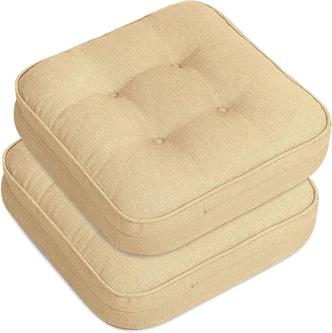 GOFORIT Memory Foam Cushion，Square Seat Cushions for Dining Chairs,Non-Slip Chair Pads with Removable Cover, 16'' x 16'', 2 Pack,Khaki by Unknown