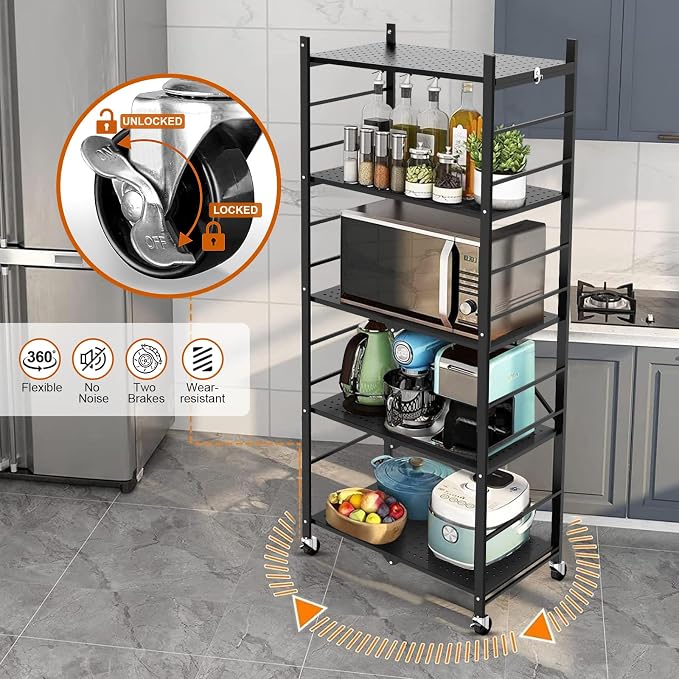 Himix 5-Tier Foldable Storage Shelves with 20 Hooks Wheels Kitchen Black | Folding shelving units, Metal collapsible organization, Wire rack, No assembly, Bookshelf, Garage, Pantry, Holds 440 Ibs - Image 6