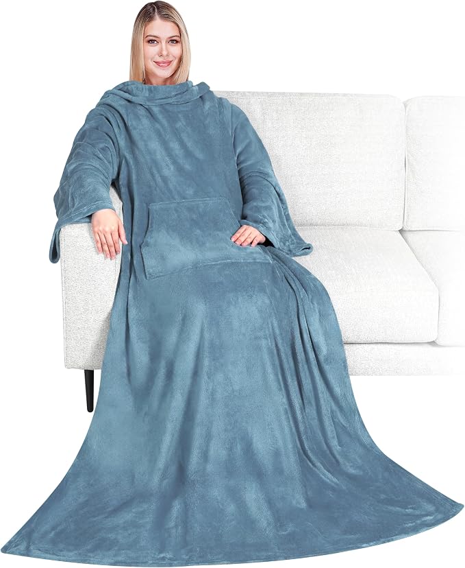 PAVILIA Blanket with Sleeves for Adult Women Men, Soft Warm Wearable Blanket Fleece Wrap Throw, Robe Blanket Gift by PAVILIA