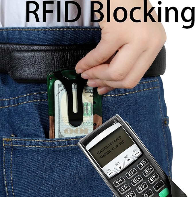 Minimalist Wallet for Men, Slim Metal RFID Blocking Wallet Credit Card Holder Money Clip & Cash Strap, Scratch-Resistant Holds 15 Cards,Ideal Gift for Men | Resin Wood, Unique Pattern,Green - Image 4