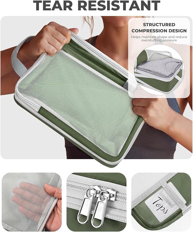 Percover Compression Packing Cubes for Travel, 4-Piece Structured Compression Organizer Set with Label Pockets for Carry-On & Checked Luggage, Green - Image 4
