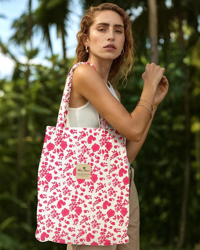Miss Adola Corduroy Tote Bag for Women with Aesthetic Design | Magnetic Buckle & Pocket, Reusable, Soft, Roomy, Long Shoulder Handles, Double-sided Print, Casual Daily Work, Grocery Bags - Image 3