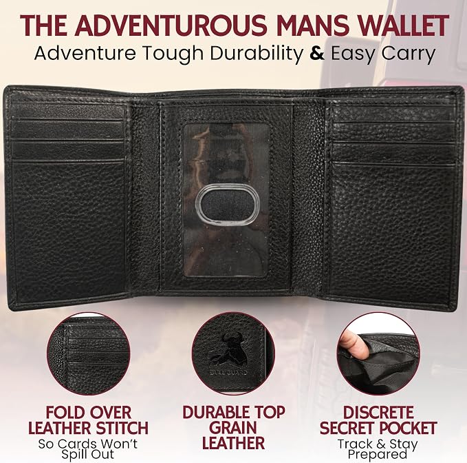 BULL GUARD Best Leather Men's RFID Trifold Wallet With ID Great Outdoor Wallet Durable Top Grain Leather Forest Brown, Double Cash Comparment with Secret Pocket, Compact & Secure Design, In Gift Box - Image 2