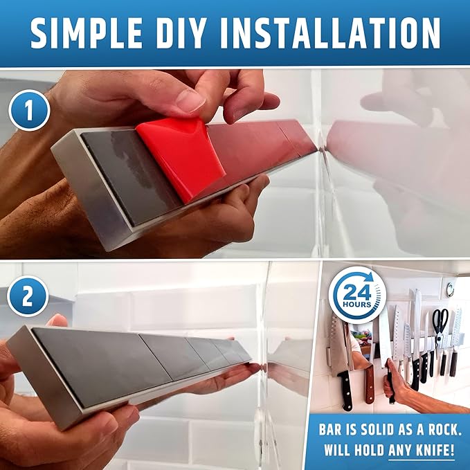 24" Strong Adhesive (No Drill) Magnetic Knife Holder for Wall - Professional Knife Strip - No Screws Needed - Adhesive Backing - Stainless Steel Knife Bar (Upgraded Version – Will Not Fall) - Image 4