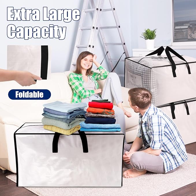 SWEET DOLPHIN 12 Pack Extra Large Moving Bags with Strong Zippers & Carrying Handles, Heavy Duty Storage Tote for Space Saving Moving Storage, Fold Flat, Alternative to Moving Box, Semi-Transparent - Image 6