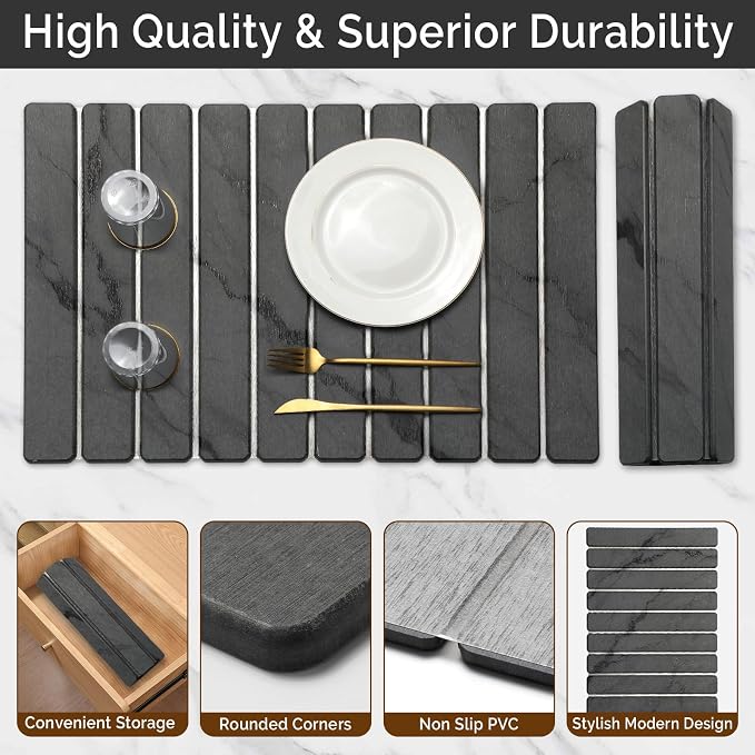 Large Stone Dish Drying Mat for Kitchen Counter, Quick Dry Stone Dishes Mats, Foldable Water Absorbing Diatomaceous Drying Pad for Countertop Bottles Utensils Cups Bathroom (Dark Gray 24"x16") - Image 4