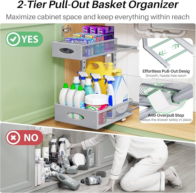 Under Sink Organizer, 2-Pack Pull Out Cabinet Organizer 2 Tier Metal Slide Out Storage Shelf Rack, L-Shaped Adjustable Height,Mesh Sliding Drawer for Kitchen, Bathroom, Laundry, Pantry, Grey, XL - Image 4