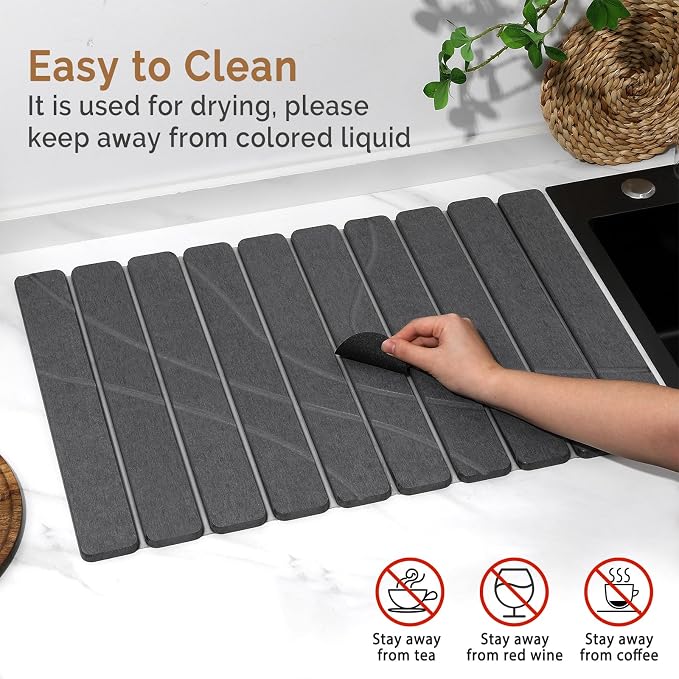 Large Stone Dish Drying Mat for Kitchen Counter,2 PCS Quick Dry Stone Mats,Foldable Water Absorbing Diatomaceous Drying Pad for Countertop Bottles Utensils Cups (Flow Line Dark Gray 24"x16" & 8"x4") - Image 5