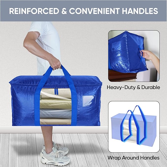 BALEINE 4-Pack Oversized Moving Bags with Reinforced Handles, Heavy-Duty Storage Tote Moving Supplies for Packaging, Camping (Blue w/Window, 4-Pack) - Image 4