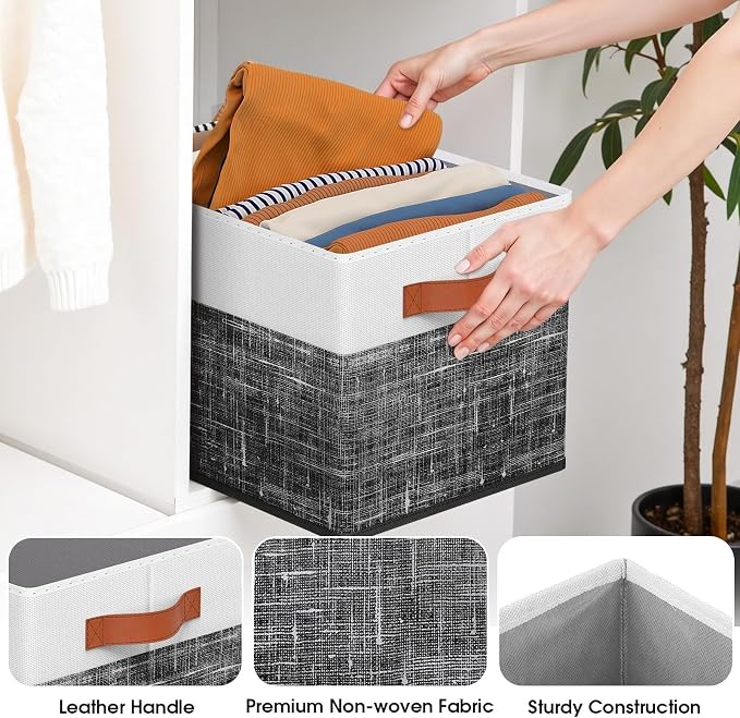 Collapsible Storage Baskets for Shelves,14"x10", 4 Pack Foldable Fabric Storage Bins with Double Leather Handles, Large Baskets for Organizing Books, Clothes, White & Black - Image 4