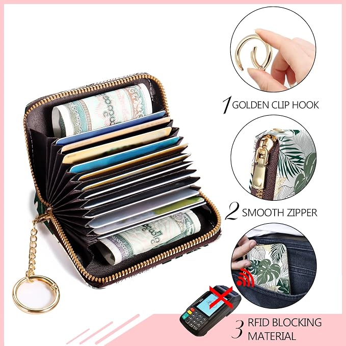 Blusabaca RFID Credit Card Holder Small Women Travel Wallet, Tropical Leaf | Removable Keychain, Case with Zipper, Vegan PU Leather, Cash Coin Pocket, Business Accordion Purse, Ladies Female Gift - Image 4