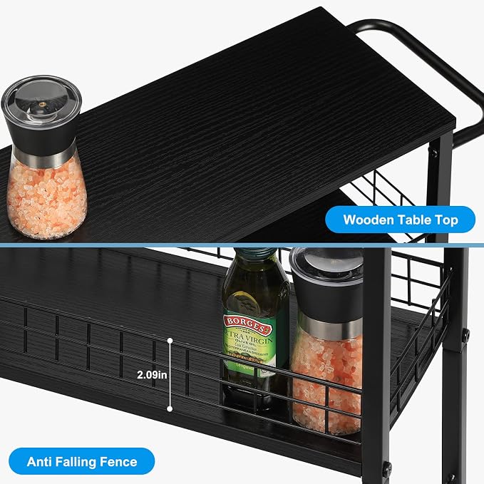 YBING Slim Storage Cart Kitchen Rolling Utility Cart on Wheels 4 Tier Mobile Narrow Cart with Wood and Metal Handle Slide Out Storage Shelving Unit Cart for Kitchen Living Room Small Places Black - Image 3