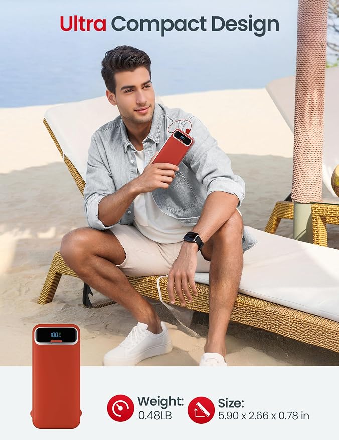 aonidi Portable Charger 12000mAh with Built-in Cables&AC Wall Plug, Red | PD20W USB C Fast Charging,LED Display External Travel Power Bank,TSA approved Battery Pack for All iPhone,Samsung,Android - Image 8