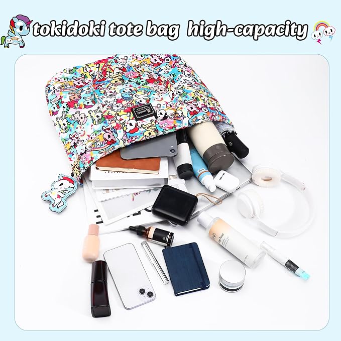 tokidoki Unicorno Foldable Tote Bag for Women, Canvas Tote Bags with Doll Portable Shoulder Handbag for school Work Travel - Image 4