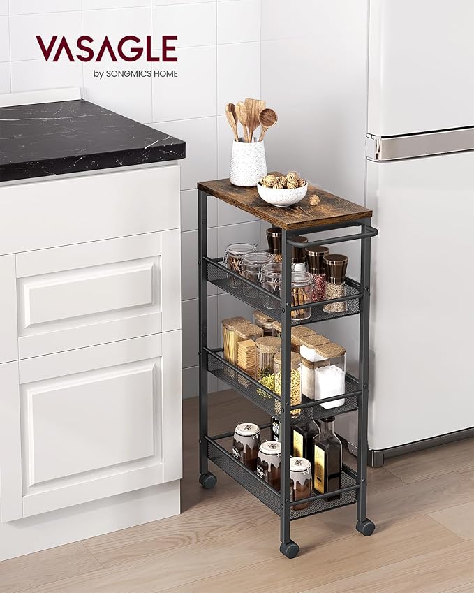 VASAGLE Slim Rolling Cart, 4-Tier, 8.7 Inches Deep, Steel Frame | Storage Cart with Handle, Narrow for Kitchen, Living Room, Rustic Brown and Matte Black, DACEY Collection ULRC033B01 - Image 2